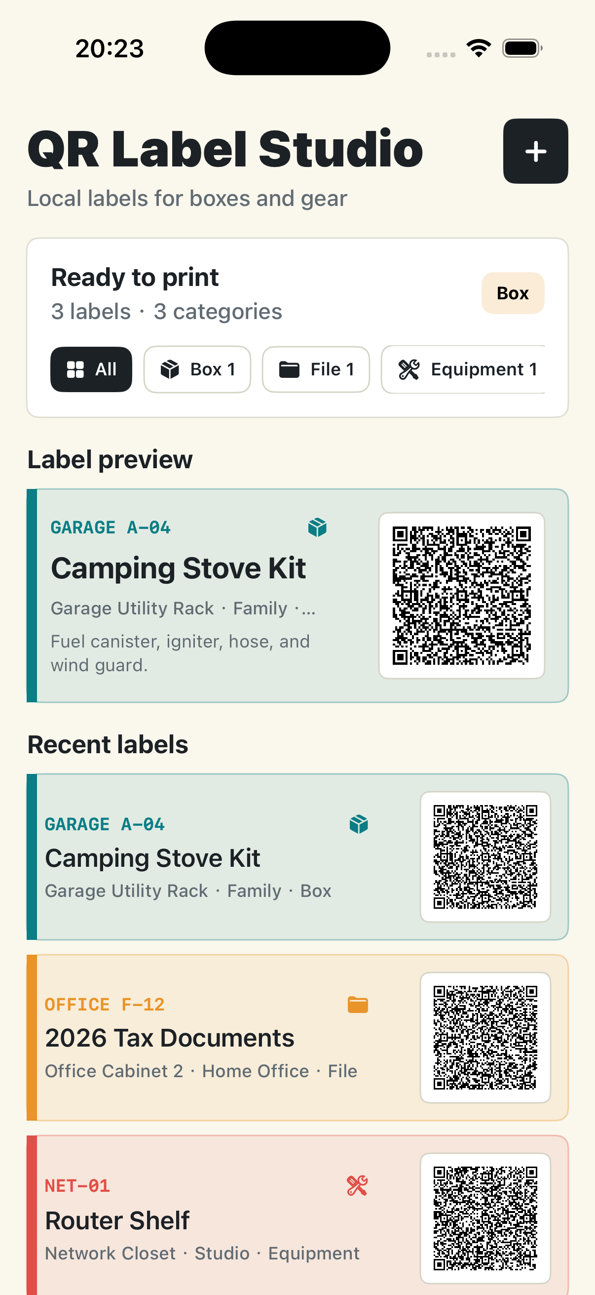 QR Label Studio dashboard with label preview