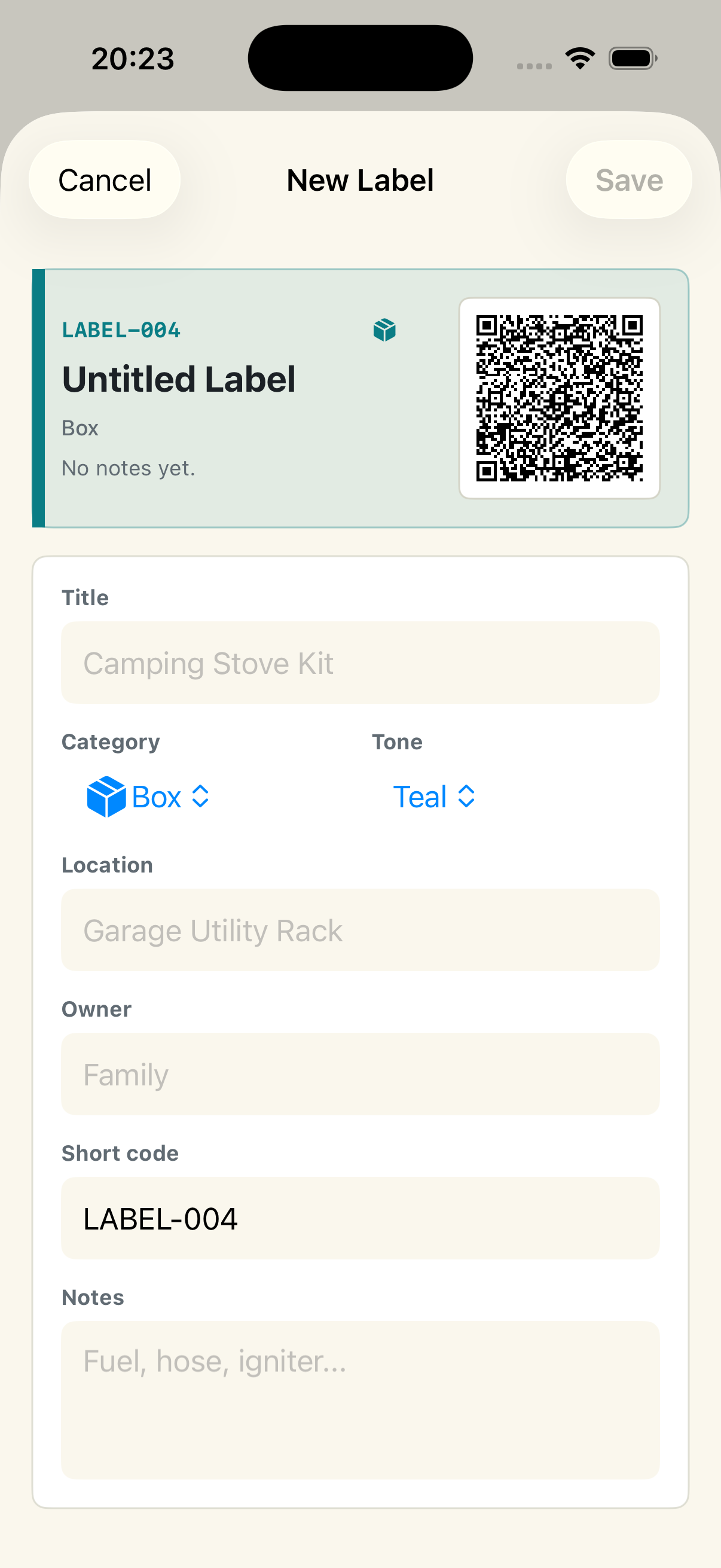 QR Label Studio label form with live preview